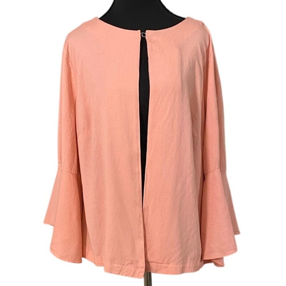 Linen Blend Pink Bell Sleeve Top 1X Open Front Lightweight Boho Resort Coastal